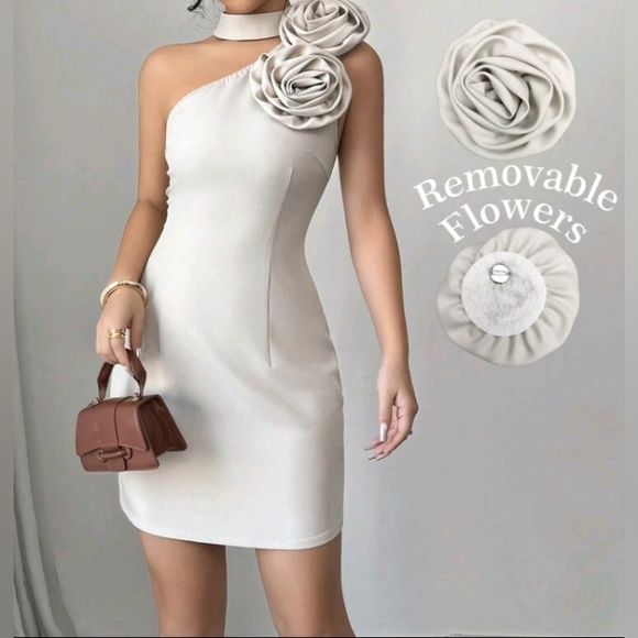 Elegant Half High Collar Fitted One-Shoulder Sleeveless Apricot Autumn Short Dre - Picture 1 of 7